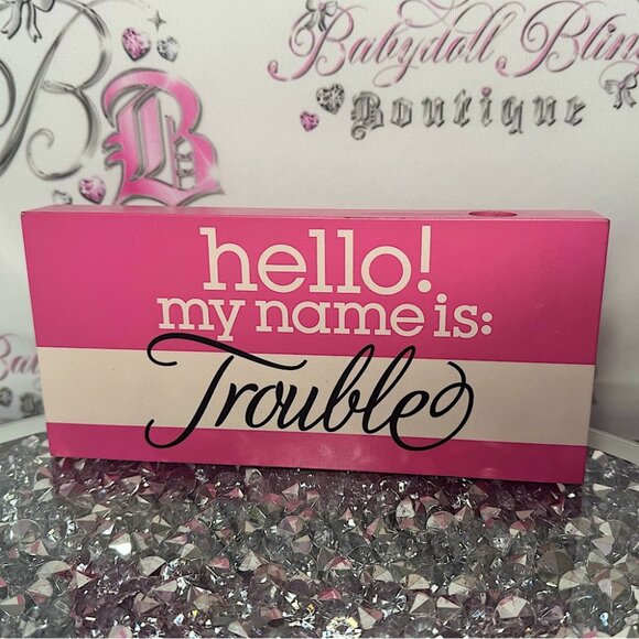 Decor wooden sign Hello my name is trouble white pink cute funny y2k home decor - Picture 1 of 8